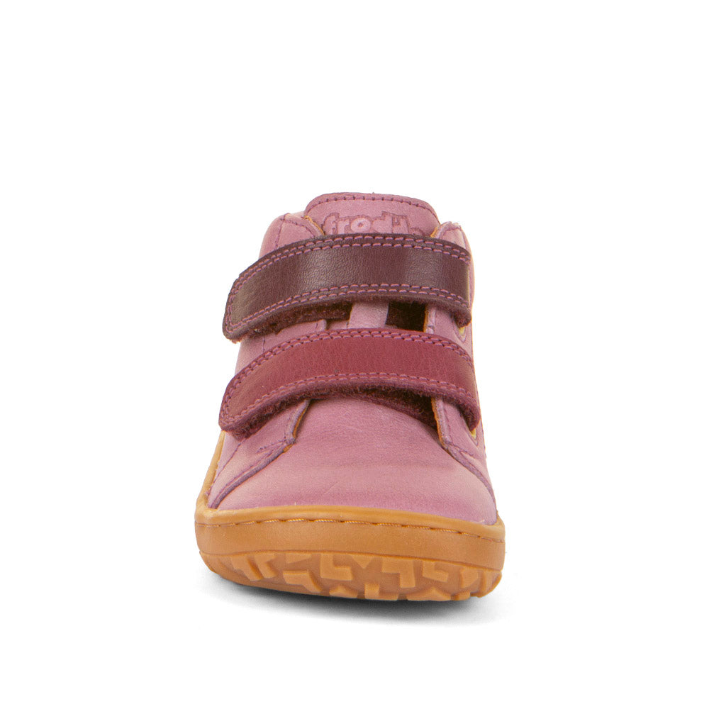 Froddo First Step Barefoot shoe in pink with heel and toe bumpers and two velcro straps. Front view