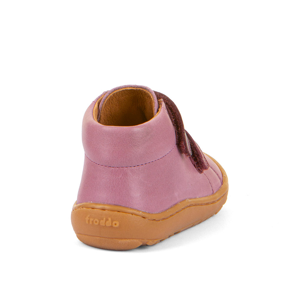 Froddo First Step Barefoot shoe in pink with heel and toe bumpers and two velcro straps. Back view