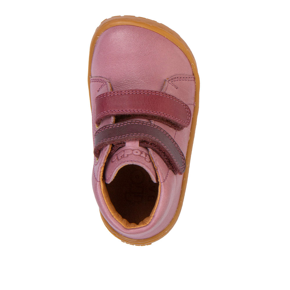 Froddo First Step Barefoot children's shoe in pink with heel and toe bumpers and two velcro straps. Top view