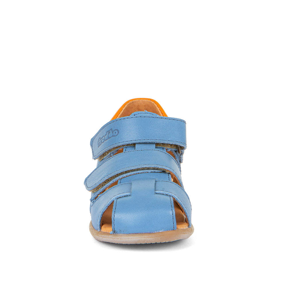 A boys leather sandal by Froddo, style Carte Double, in blue multi leather with velcro fastening. Front view.