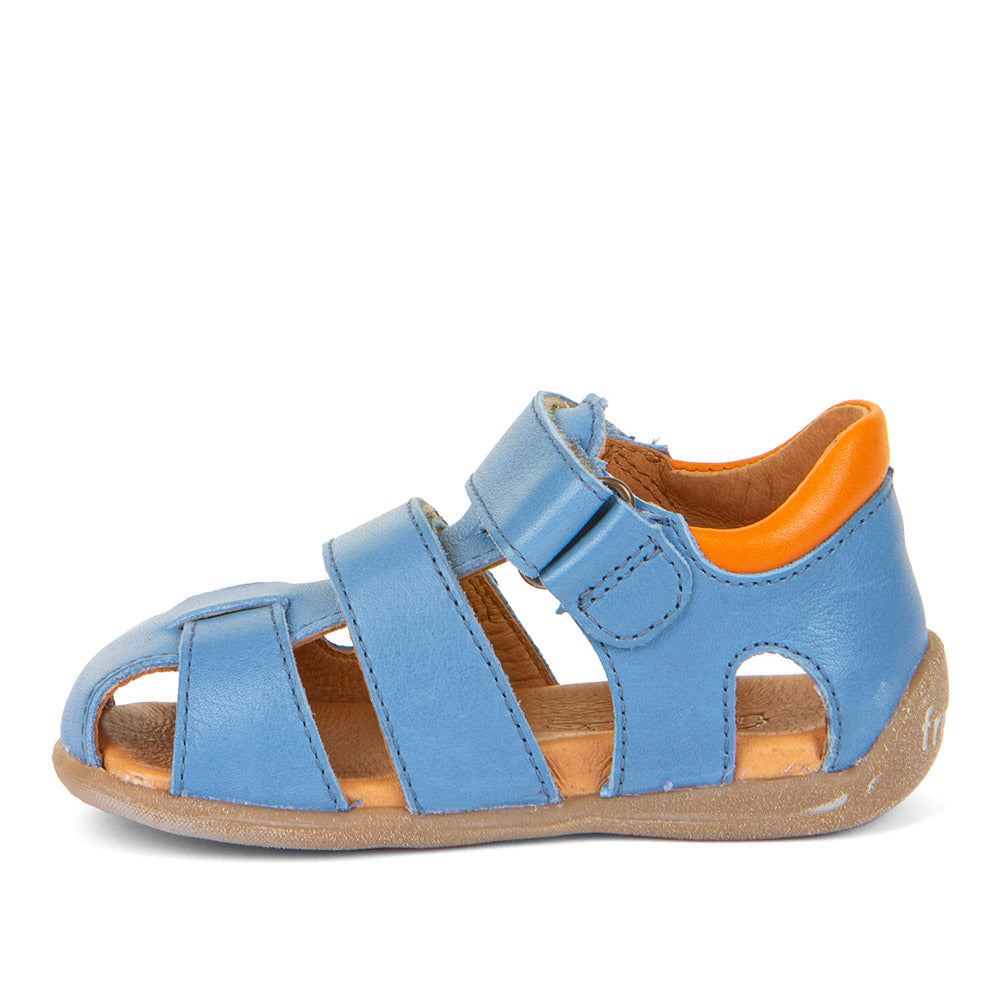A boys leather sandal by Froddo, style Carte Double, in blue multi leather with velcro fastening. Left side view.