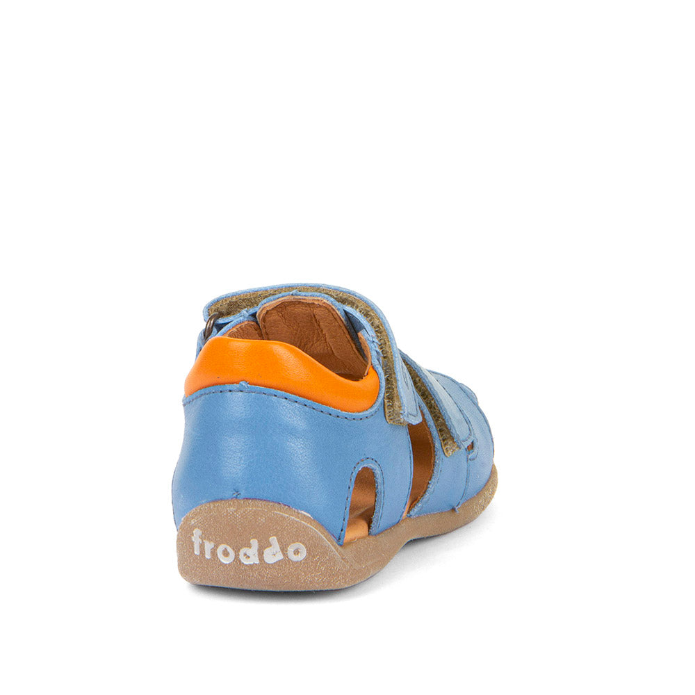 A boys leather sandal by Froddo, style Carte Double, in blue multi leather with velcro fastening. Back view.