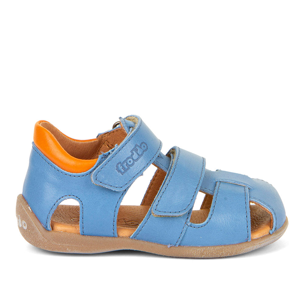 A boys leather sandal by Froddo, style Carte Double, in blue multi leather with velcro fastening. Right side view.