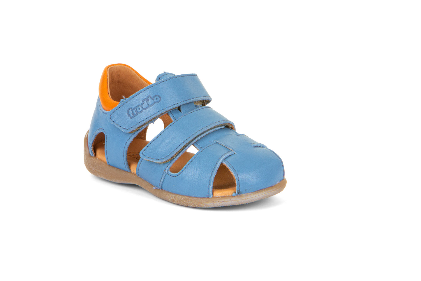 A boys leather sandal by Froddo, style Carte Double, in blue multi leather with velcro fastening. Angle view 2.
