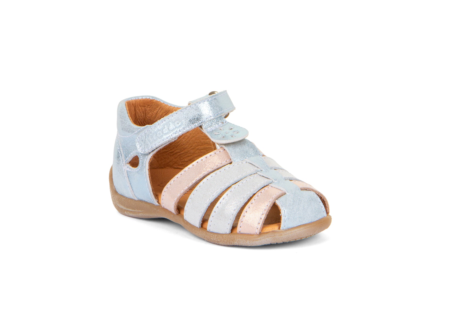 A girls leather sandal by Froddo, style Carte Girly, in blue and pink metallic leather with single velcro fastening. Angle  view 2.