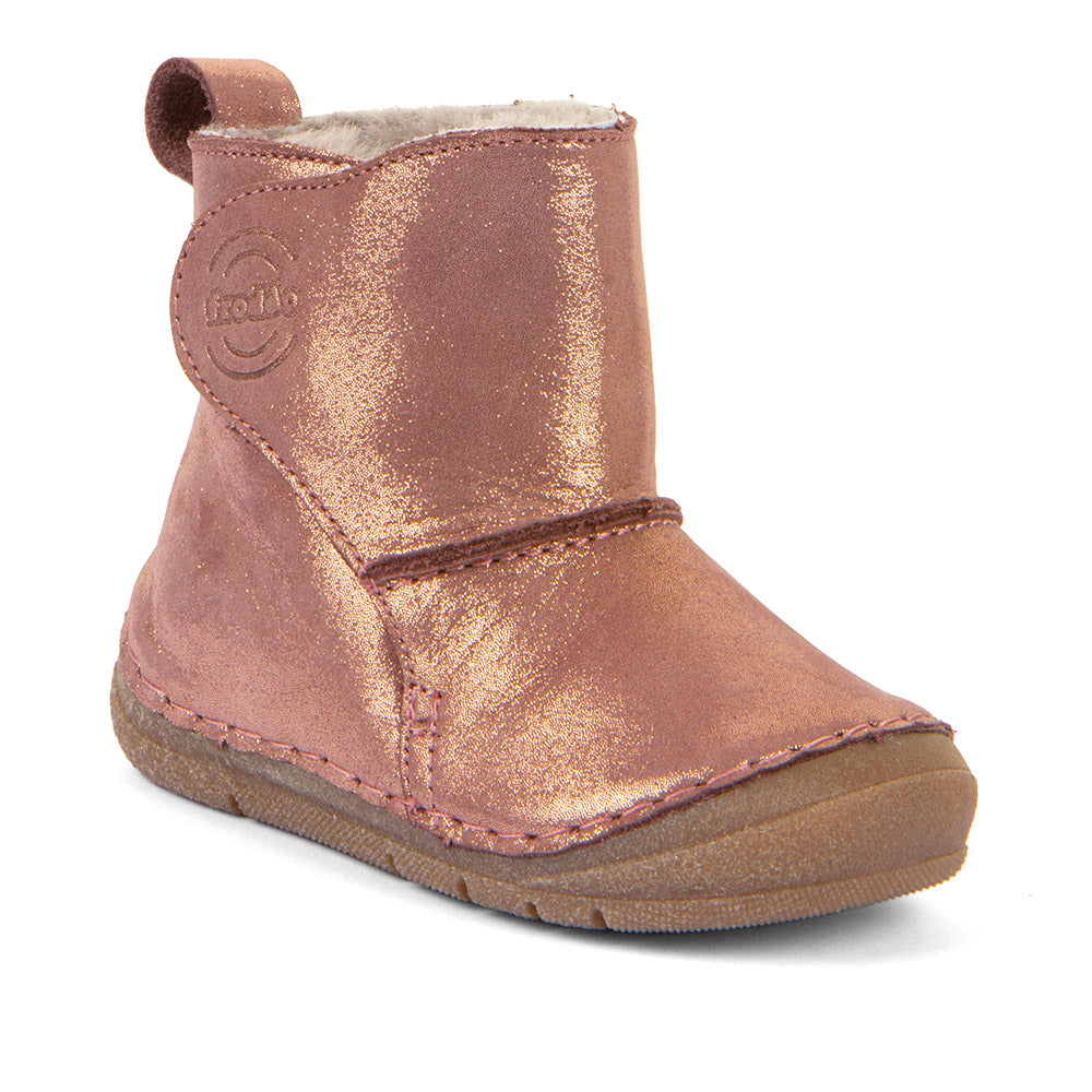 A girls winter boot by Froddo, style Paix Up in pink/gold with sheepskin fur lining with toe bumper. Right side view