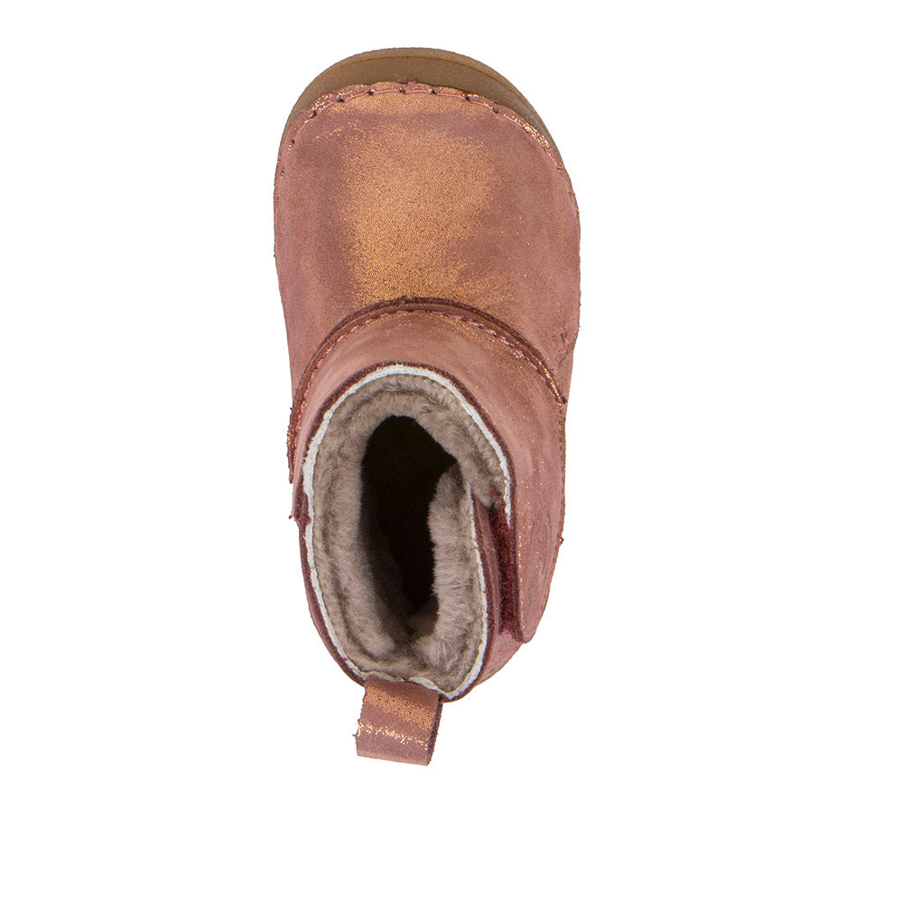 A girls winter boot by Froddo, style Paix Up in pink/gold with sheepskin fur lining with toe bumper. Top view