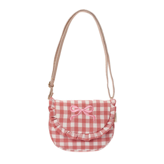A pink and white gingham bag with bow and ruffle design by Rockahula