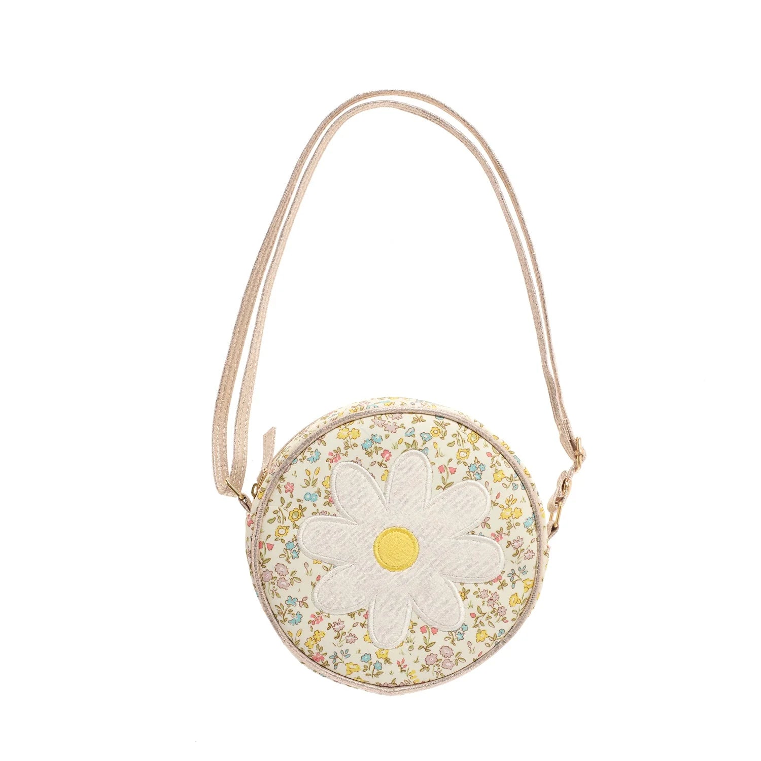 Round crossbody bag with a floral pattern and white daisy design by Rockahula on a white background