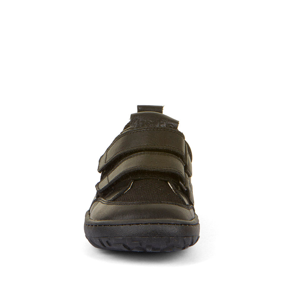 A boys barefoot school shoe by Froddo, style Alex B with two velcro straps and toe and heel bumpers Front view