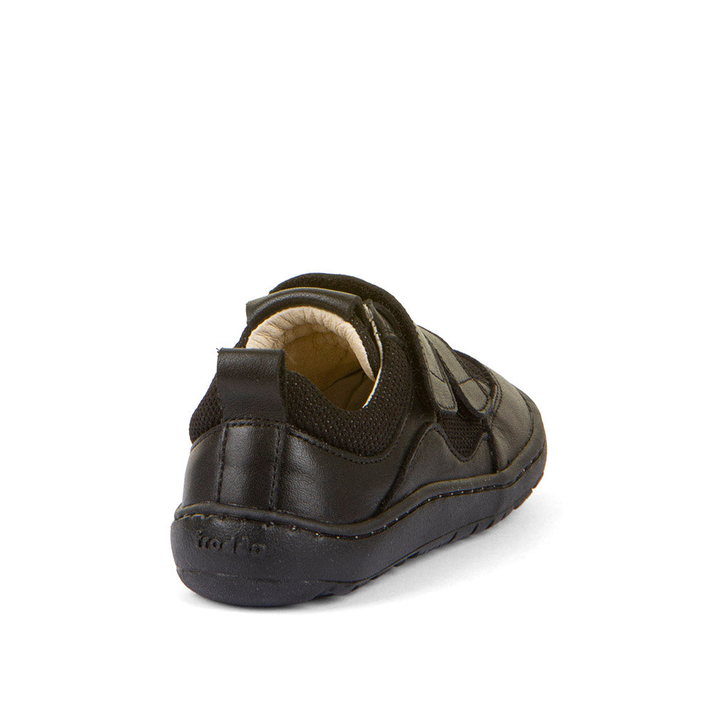 A boys barefoot school shoe by Froddo, style Alex B with two velcro straps and toe and heel bumpers Back view