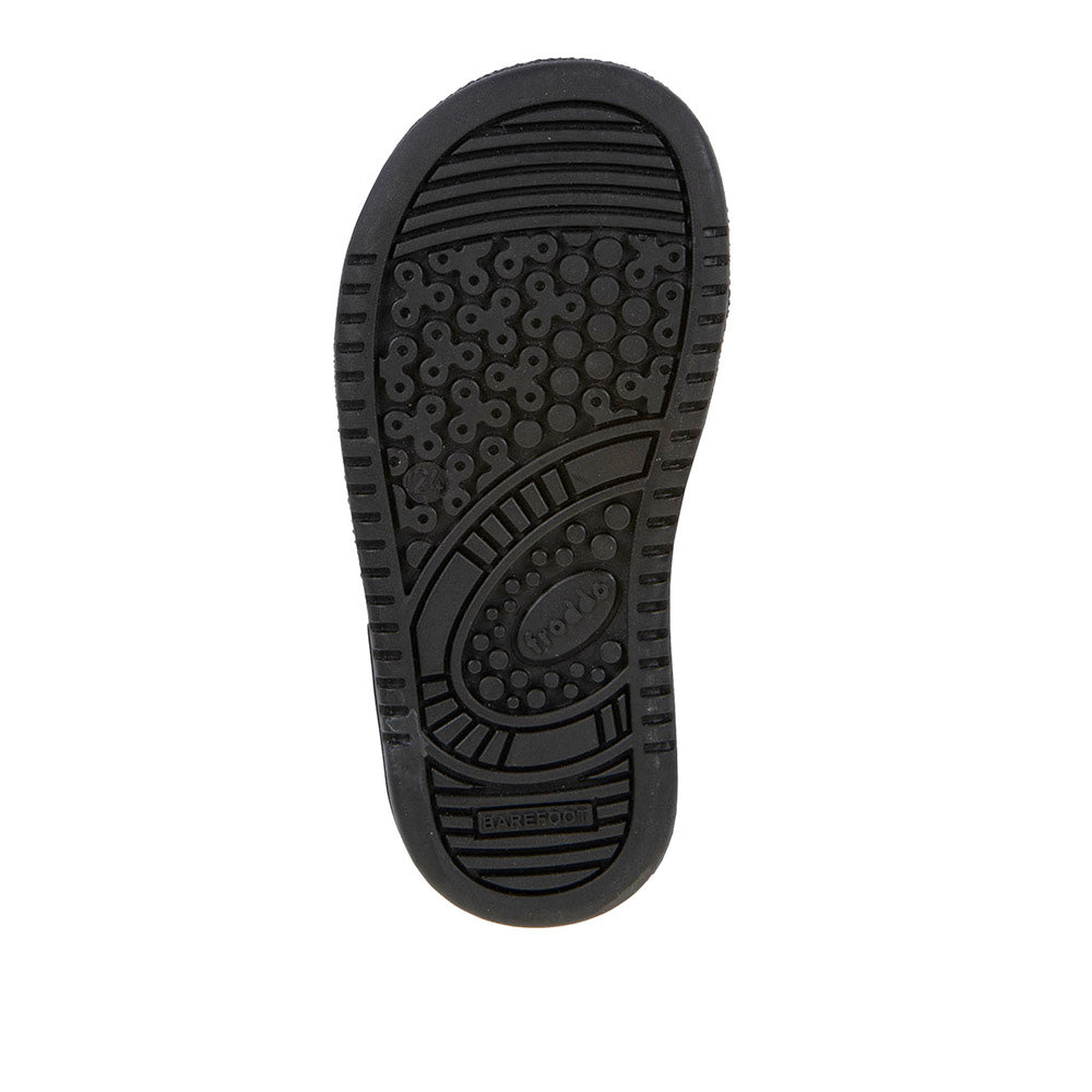 Boys barefoot school shoe by Froddo in the style Loop Steve in black leather with two velcro straps. Sole view.