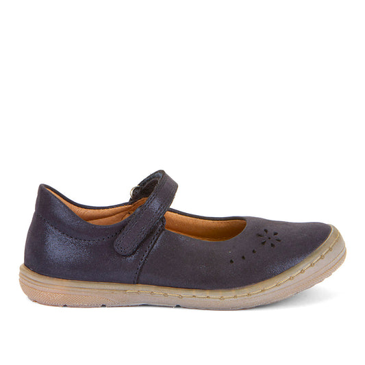 A girls Mary-Jane shoe by Froddo, style Mary F G3140182-2, in navy shimmer leather with flower punch out detail and toe bumper. Velcro fastening. Right side view.