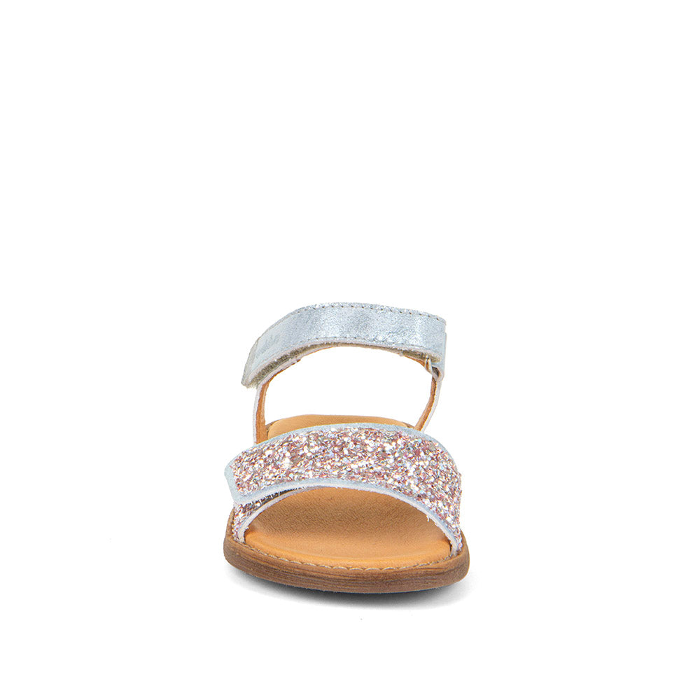  A girl's open toe sandal by Froddo,style Lore Sparkle G3150249-10 in silver leather with Glitter velcro strap and velcro ankle fastening. Front view.