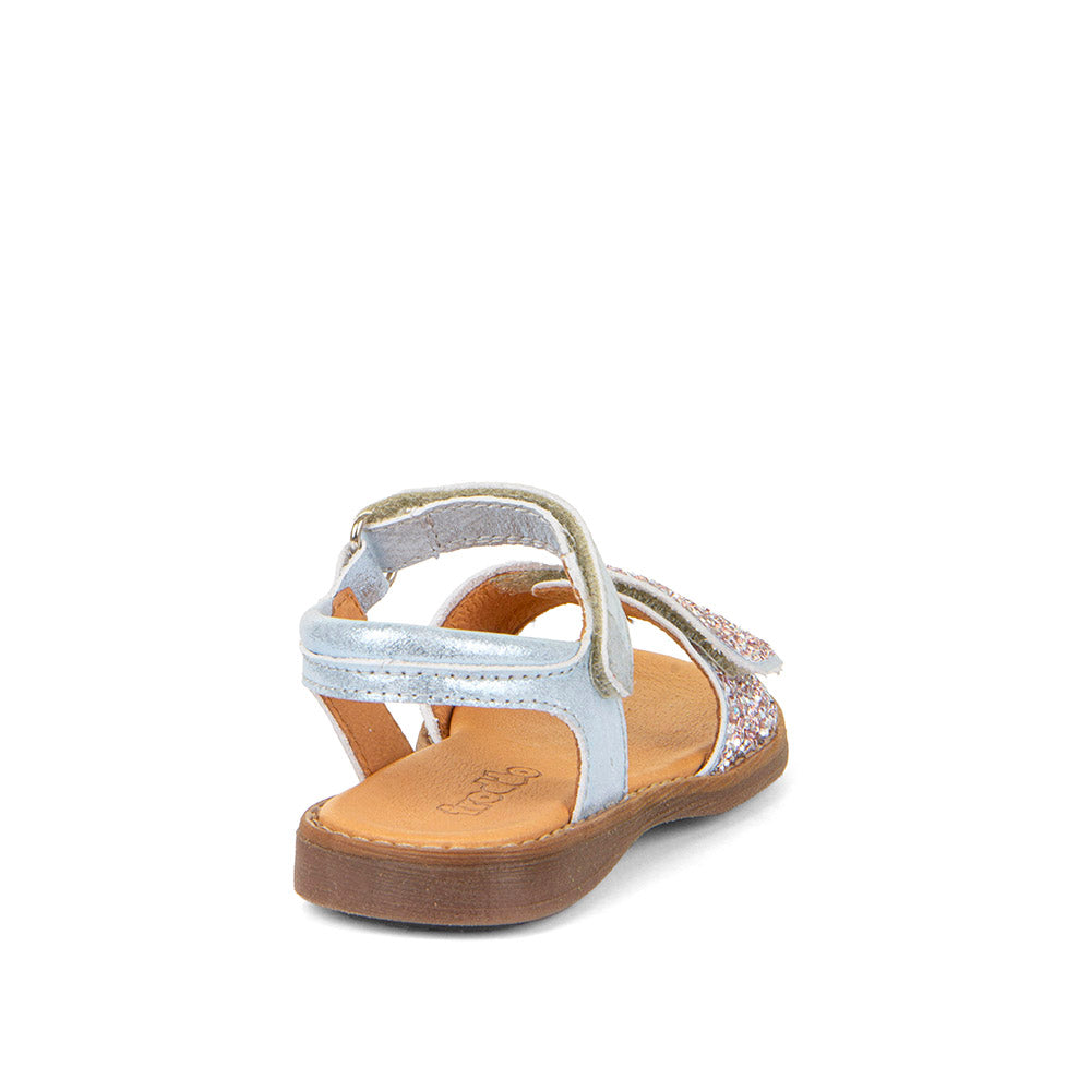  A girl's open toe sandal by Froddo,style Lore Sparkle G3150249-10 in silver leather with Glitter velcro strap and velcro ankle fastening. Back view.
