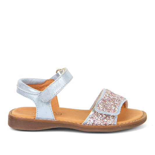  A girls open toe sandal by Froddo,style Lore Sparkle G3150249-10 in silver leather with Glitter velcro strap and velcro ankle fastening. Right Side view.