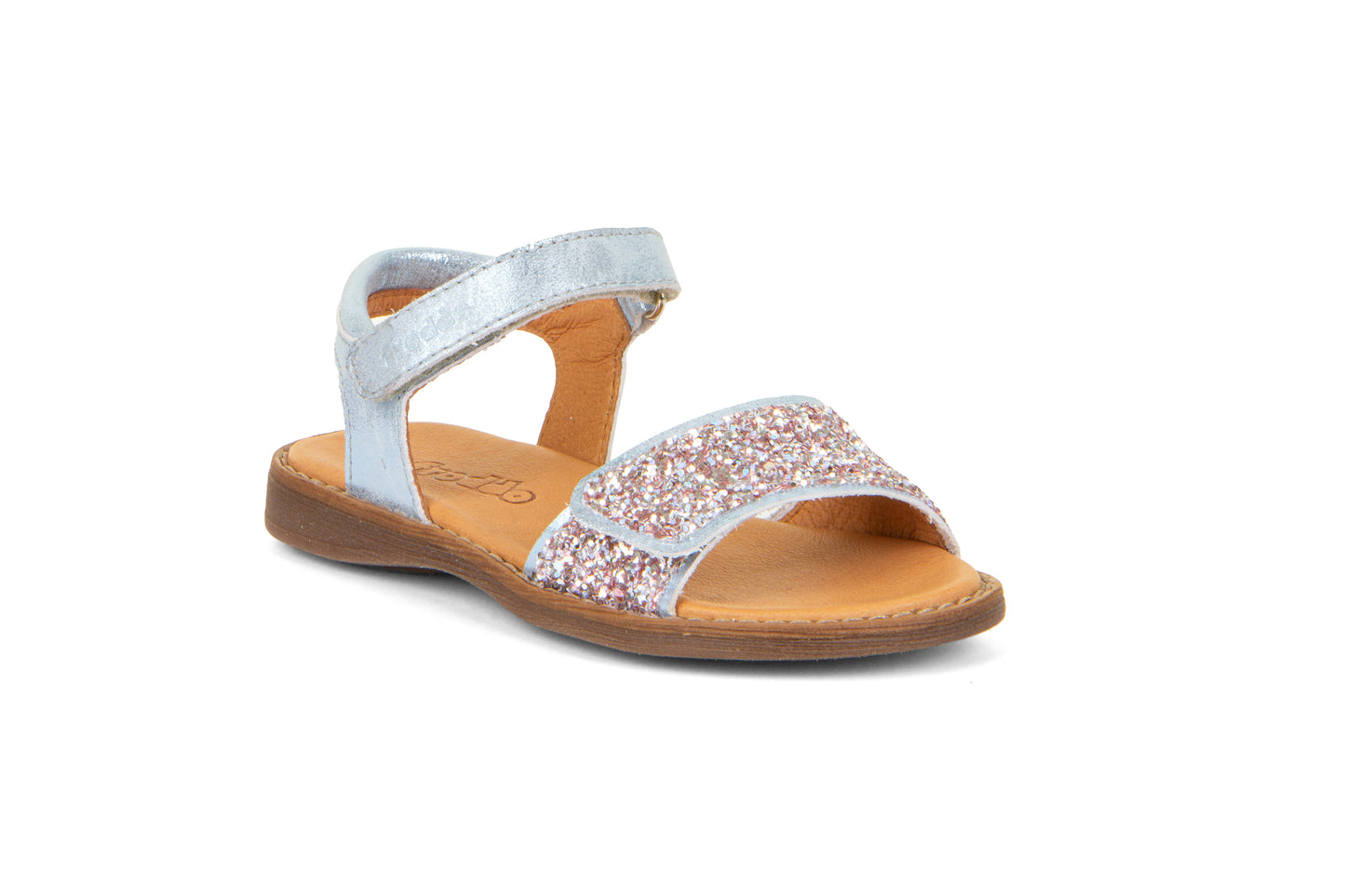  A girls open toe sandal by Froddo,style Lore Sparkle G3150249-10 in silver leather with Glitter velcro strap and velcro ankle fastening. Angle view.