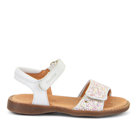 A girls sandal by Froddo, style Lorine Sparkle in with two velcro straps, one on the ankl and one large one at front with glitter detail. Right side view