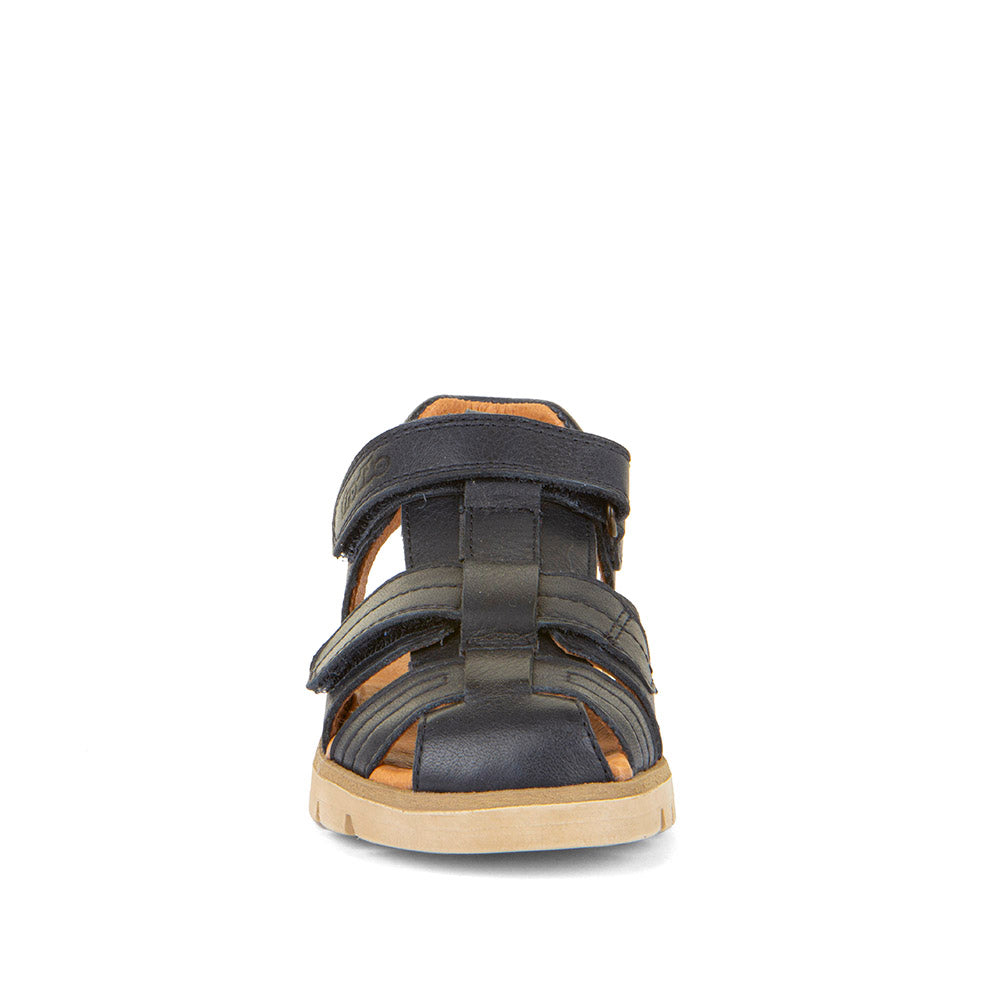  A unisex closed toe sandal by Froddo,style Keko G3150254-1 in navy leather with double velcro fastening. Front view.