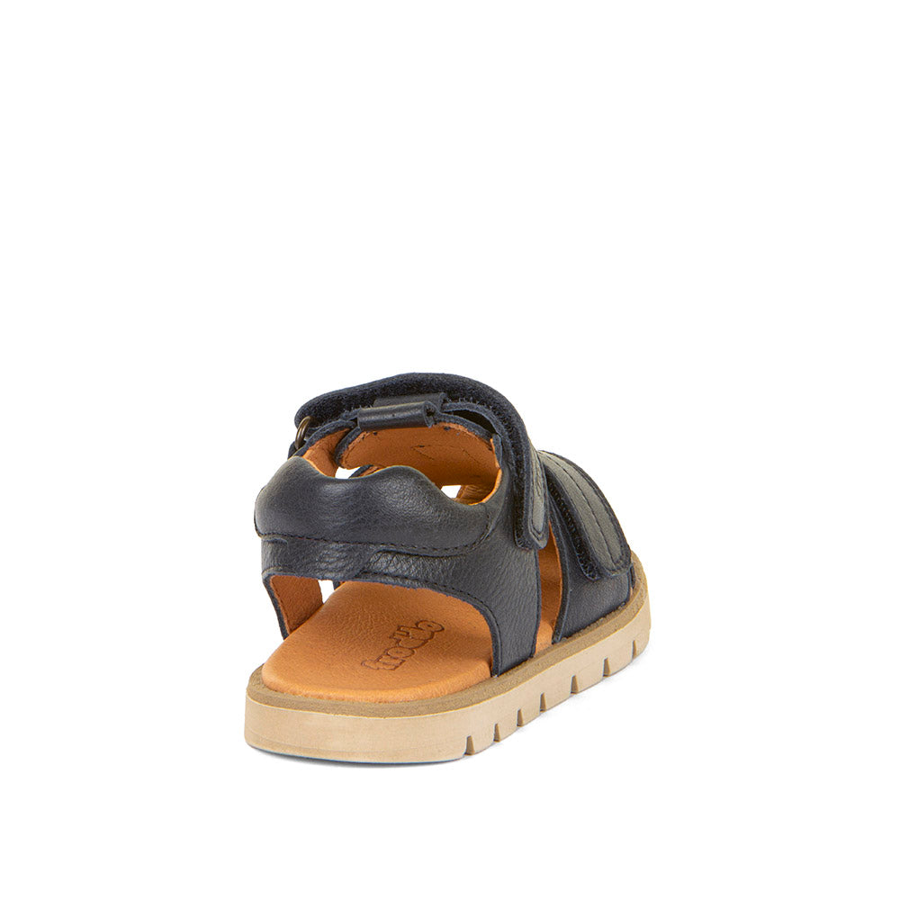  A unisex closed toe sandal by Froddo,style Keko G3150254-1 in navy leather with double velcro fastening. Back  view.