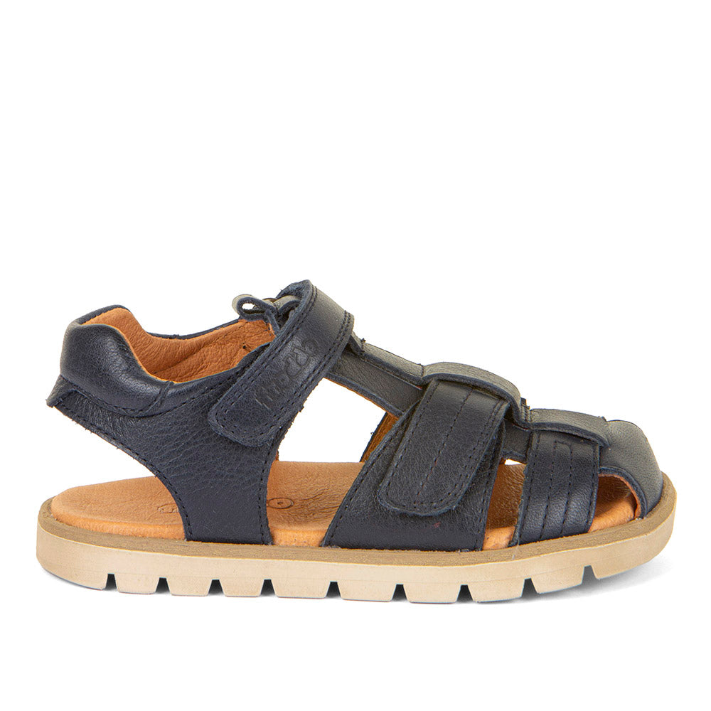  A unisex closed toe sandal by Froddo,style Keko G3150254-1 in navy leather with double velcro fastening. Right Side view.