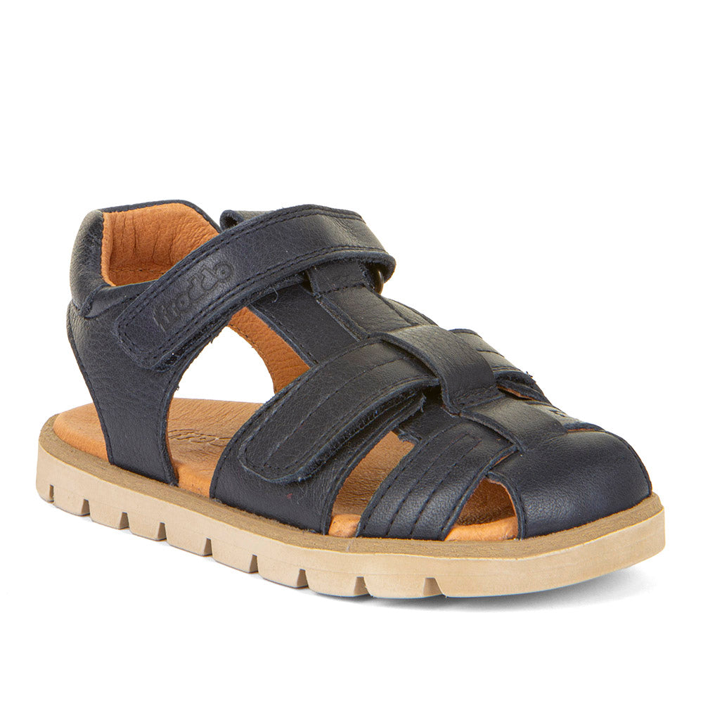  A unisex closed toe sandal by Froddo,style Keko G3150254-1 in navy leather with double velcro fastening. Angle view.
