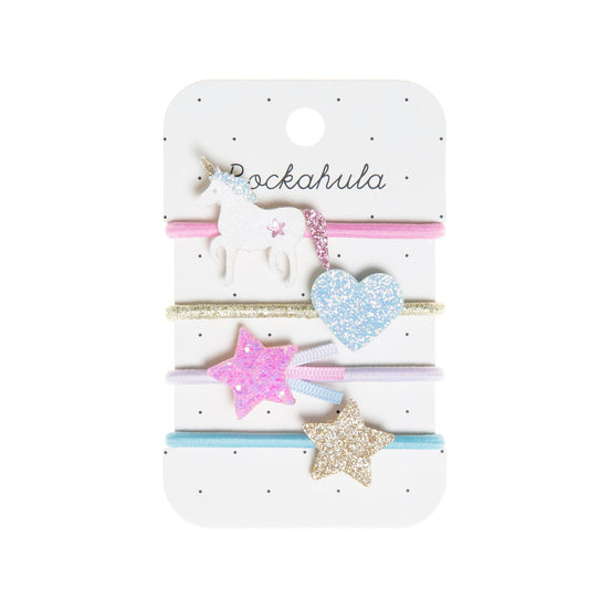 A set of 4 hair elastics by Rockahula, style Unicorn, in multi glitter heart, star and unicorn designs. Front view.
