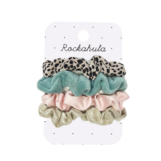 A set of 4 scrunchies by Rockahula, style Leopard Love, in leopard multi. Front view.