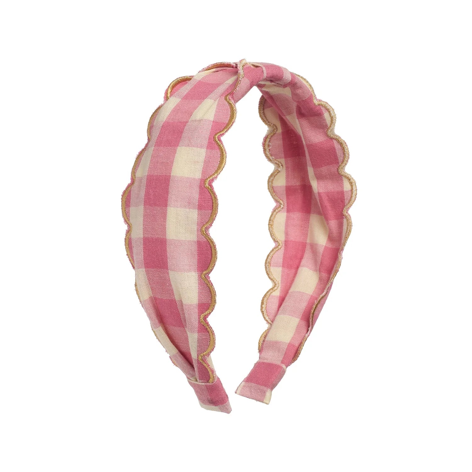 Pink and white checkered headband with scalloped edge by Rockahula on a white background