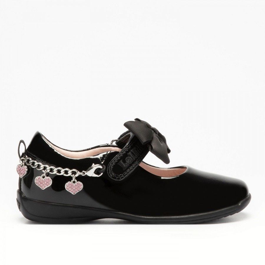 A girls Mary Jane school shoe by Lelli Kelly, style LK8224 Angel, in black patent leather with velcro fastening and detachable fabric bow and bracelet. Right side view.