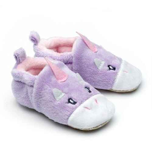 A pair of pull on girls slippers by Chipmunks, style Rainbow, with unicorn design in lilac, white and pink. Right angled view.