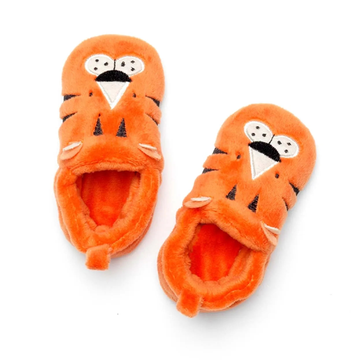 A pair of pull on unisex slippers by Chipmunks, style Tommy Junior, with tiger design in orange, white and black. View from above.