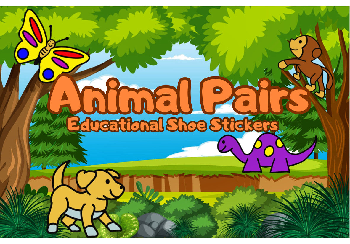 A pack of three educational shoe stickers by Animal Pairs, showing dino, dog, butterfly and monkey in woodland setting.