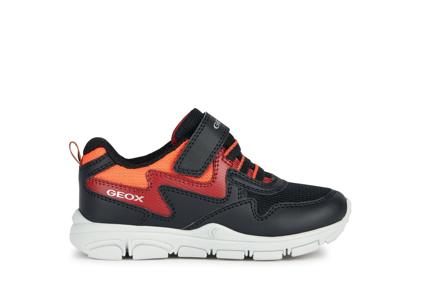 A boys trainer by Geox, style New Torque, in black, red and orange, with velcro strap and bungee laces. Right side view.