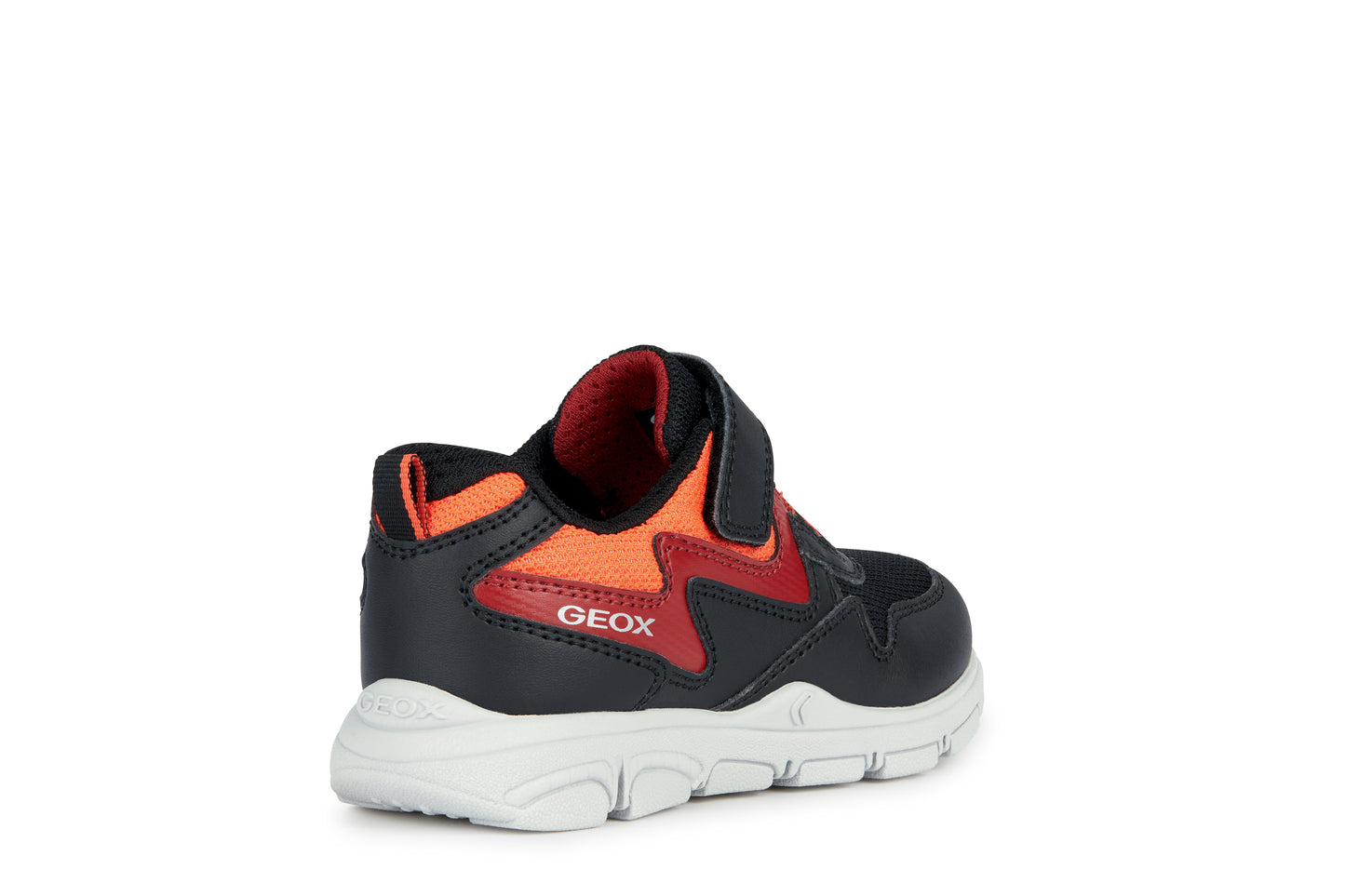 A boys trainer by Geox, style New Torque, in black, red and orange with a velcro strap and bungee laces. Rear outer side view.