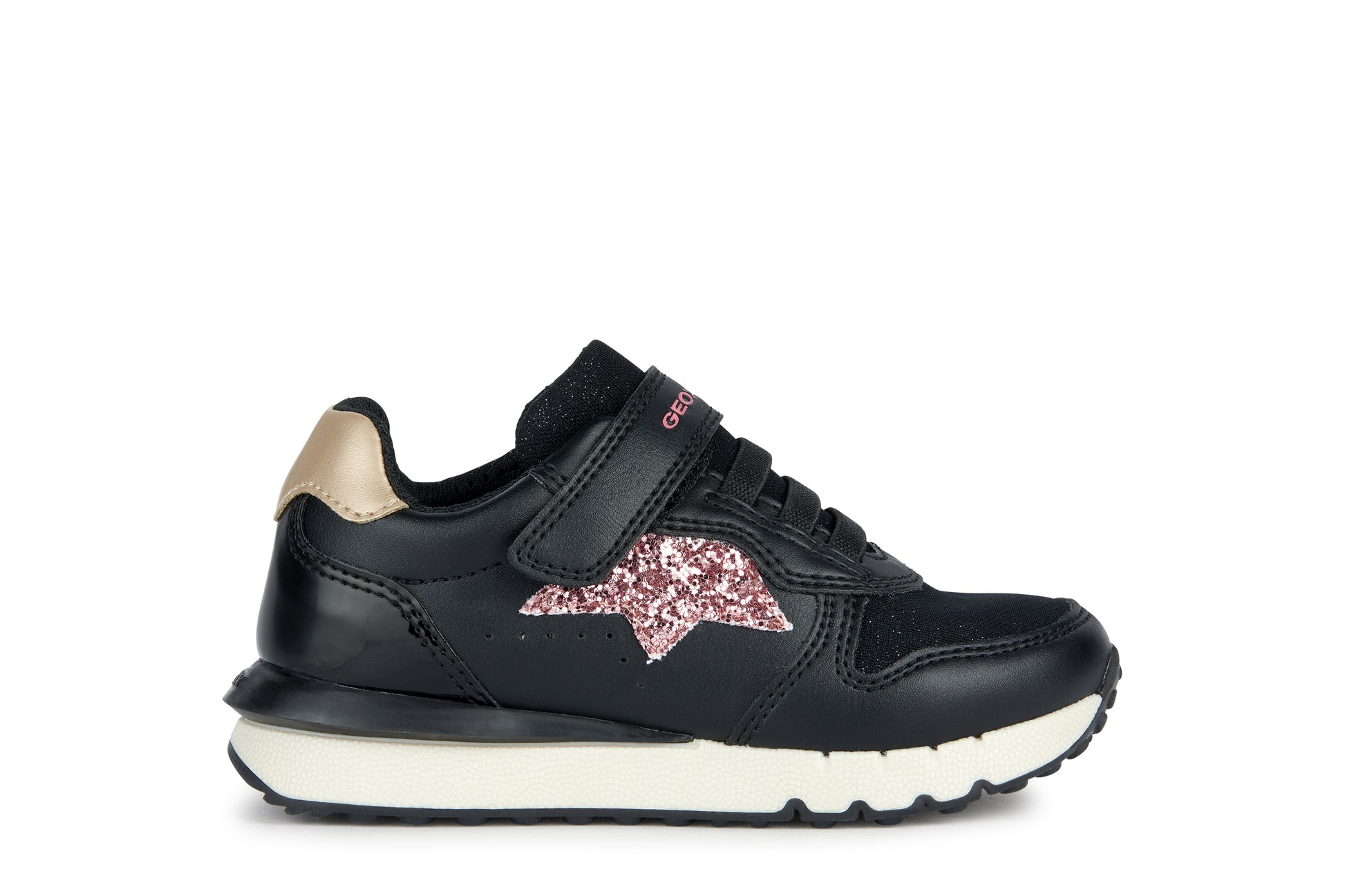 A girls casual trainer by Geox, style J Fasics Girl, in Black and Pink Glitter with elastic laces and single velcro fastening. Right side view. 