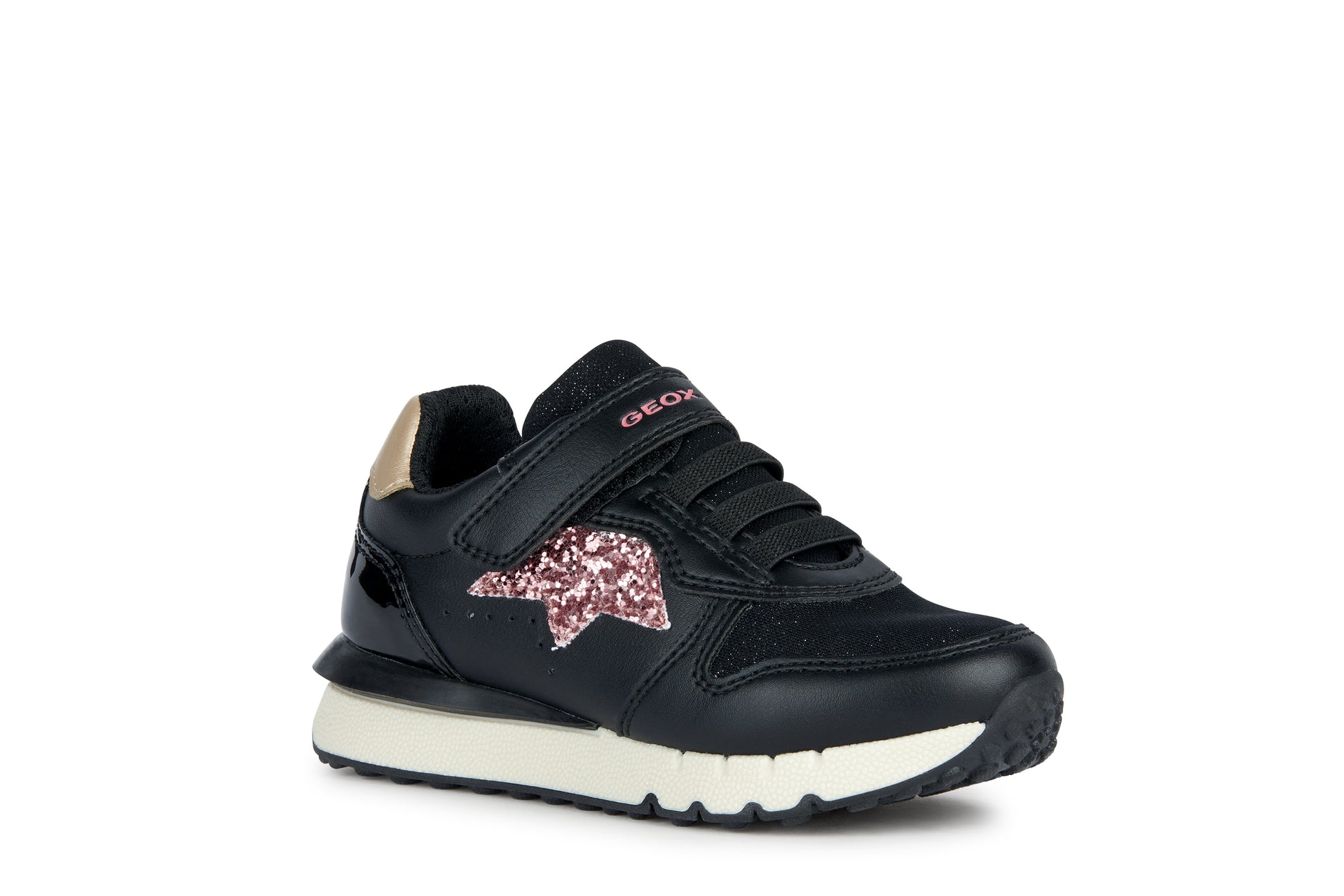 A girls casual trainer by Geox, style J Fasics Girl, in Black and Pink Glitter with elastic laces and single velcro fastening. Angled view.