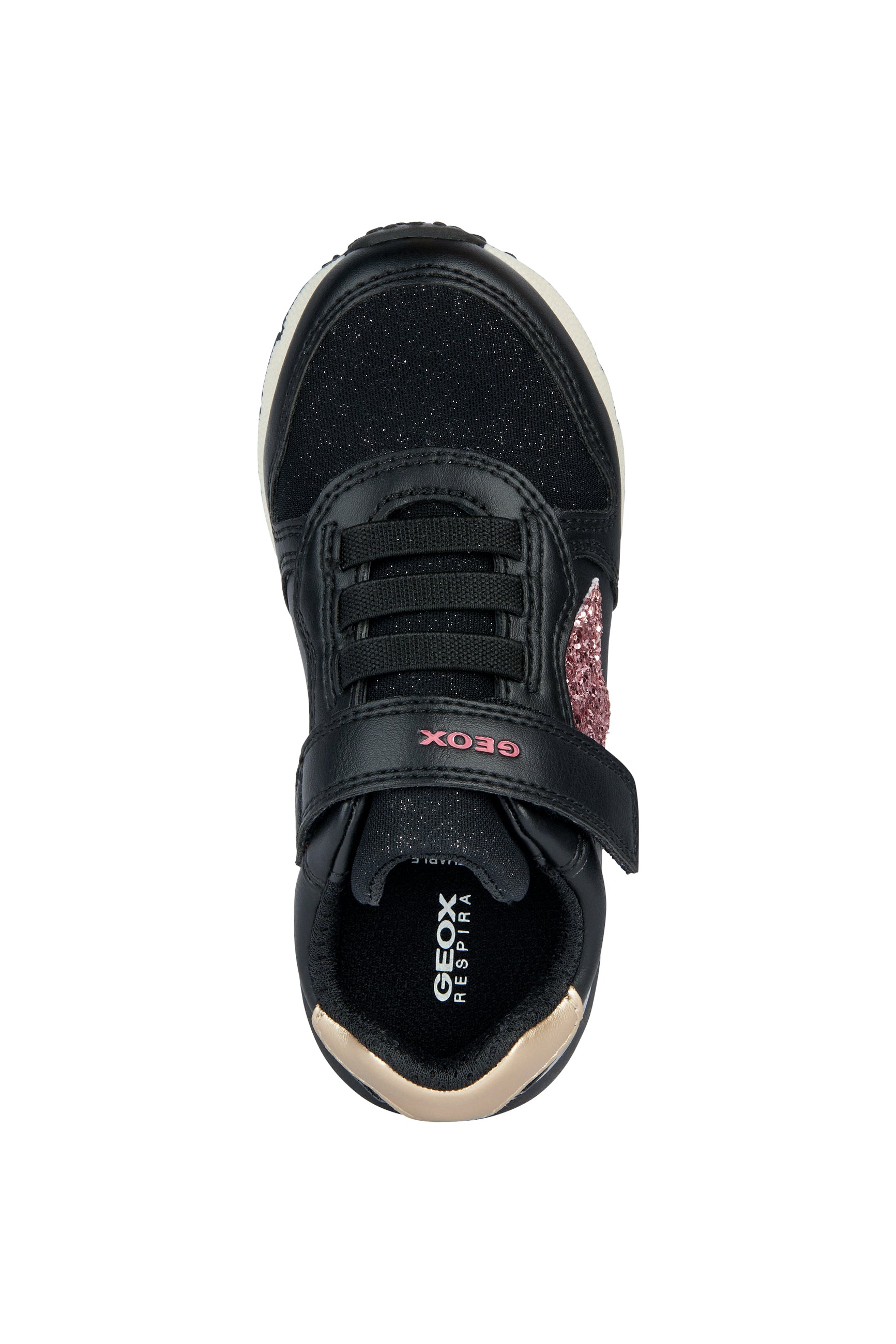 A girls casual trainer by Geox, style J Fasics Girl, in Black and Pink Glitter with elastic laces and single velcro fastening. Above view.