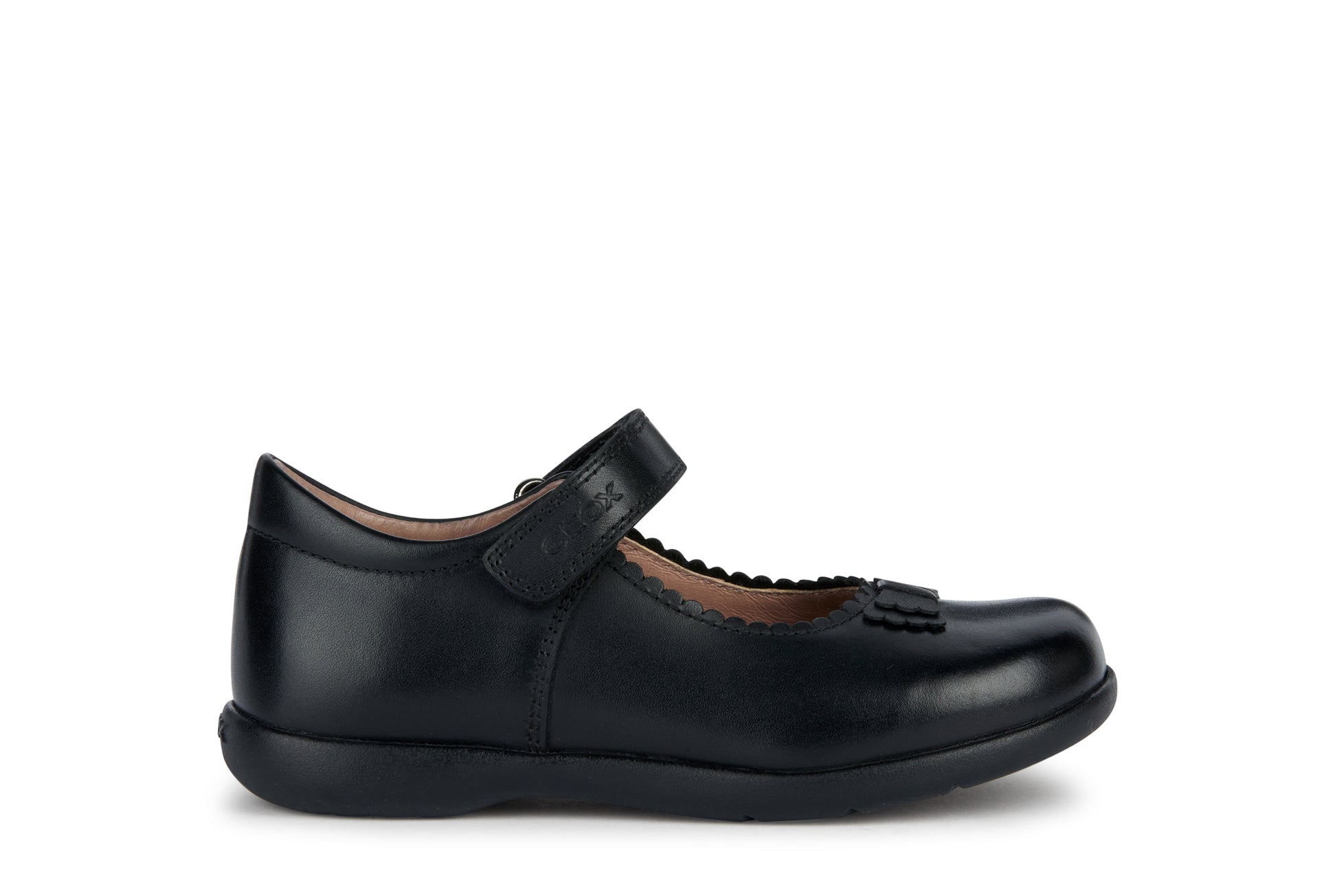 A girls school shoe by Geox, style Naimara in black with velcro strap. Right side view.