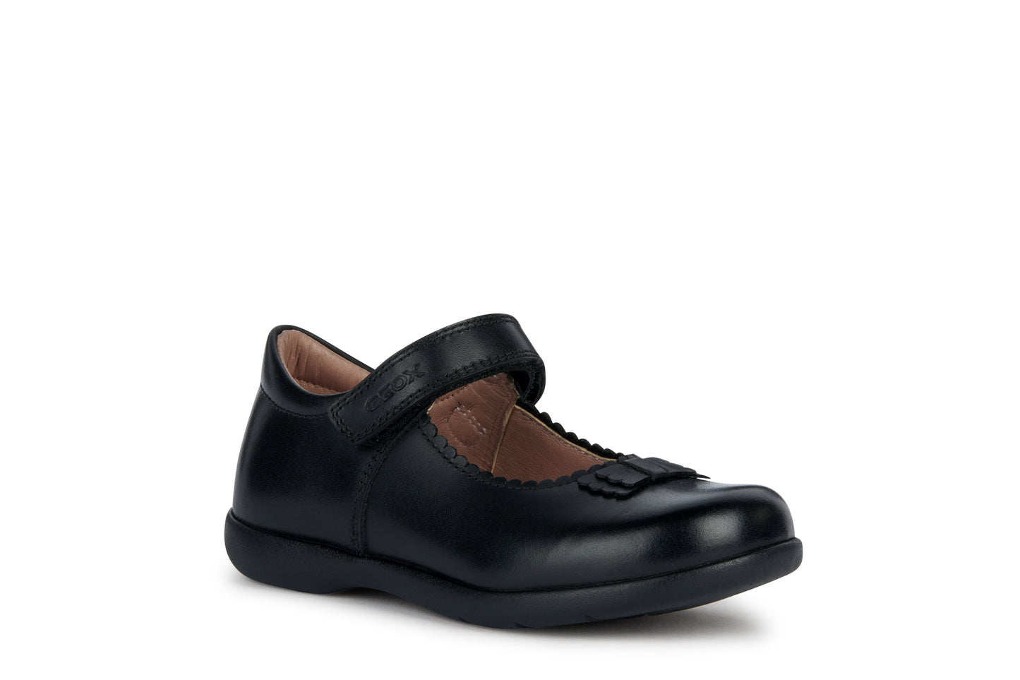 A girls school shoe by Geox, style Naimara in black with velcro strap. Angled view.