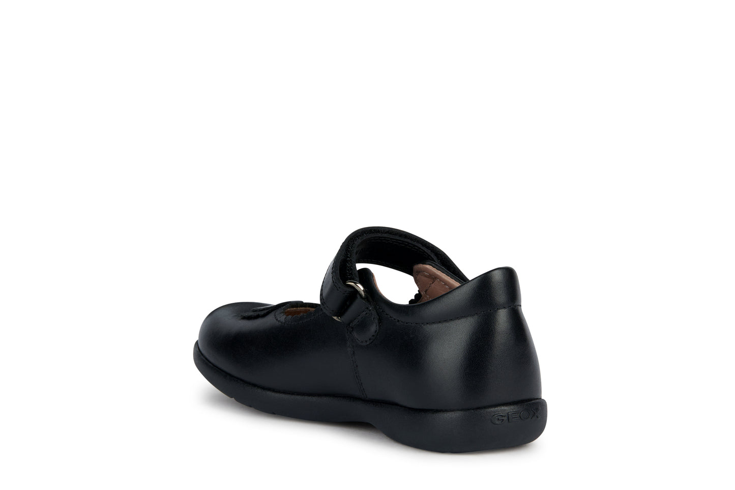 A girls school shoe by Geox, style Naimara in black with a velcro strap. Inner side rear view.