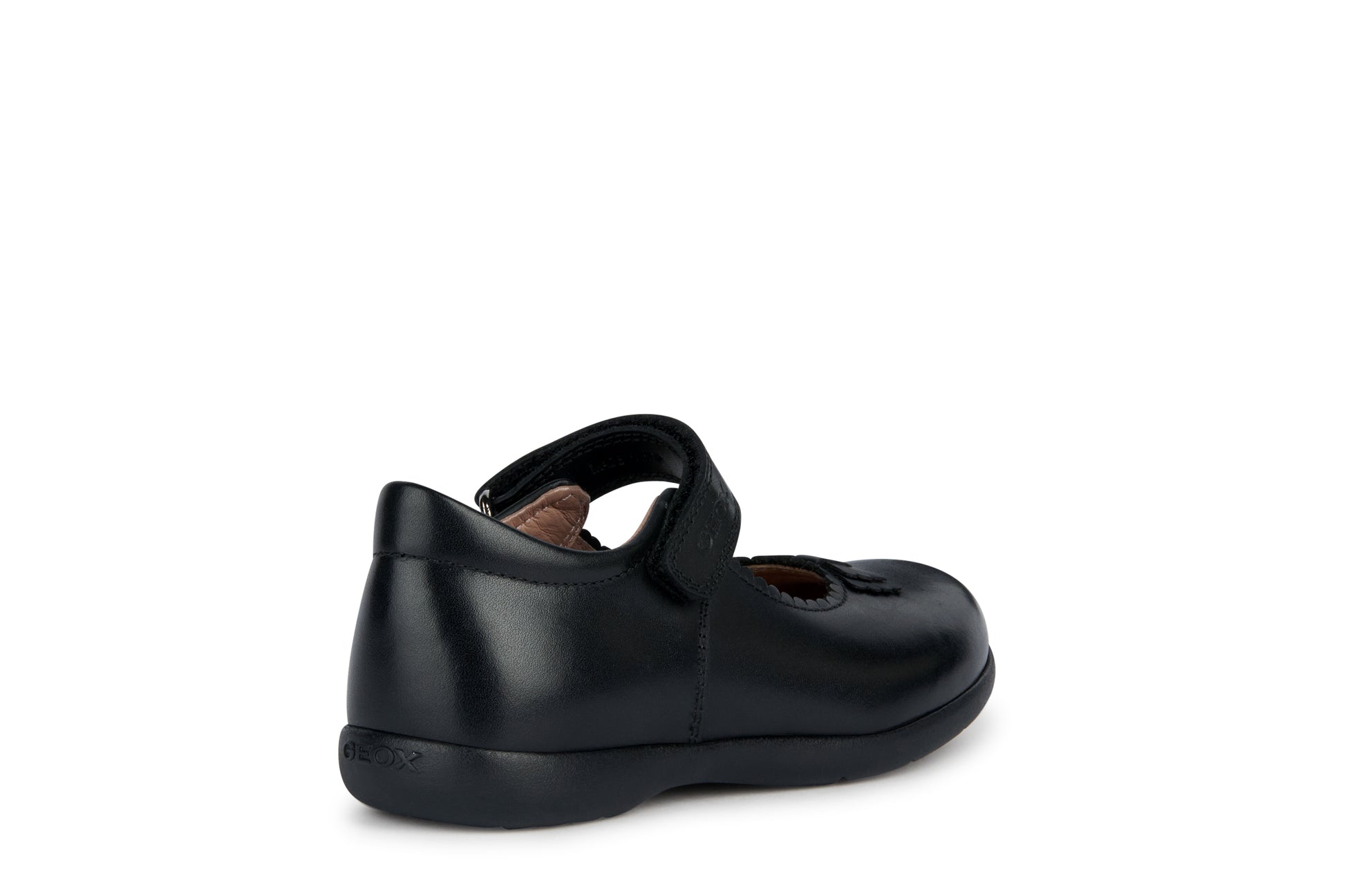A girls school shoe by Geox, style Naimara in black with a velcro strap. Outer side angled view.