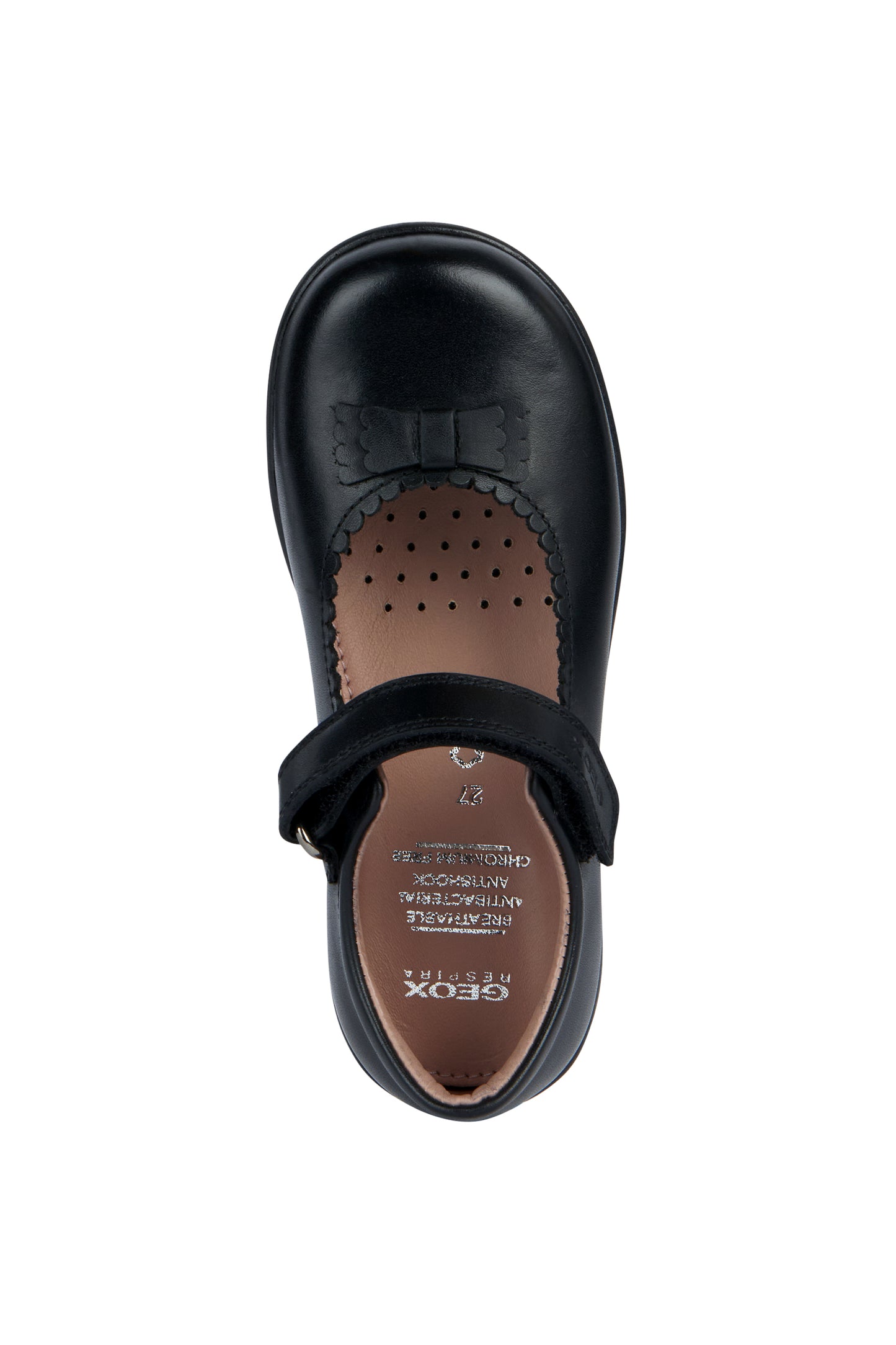A girls school shoe by Geox, style Naimara in black with a velcro strap. Above view.
