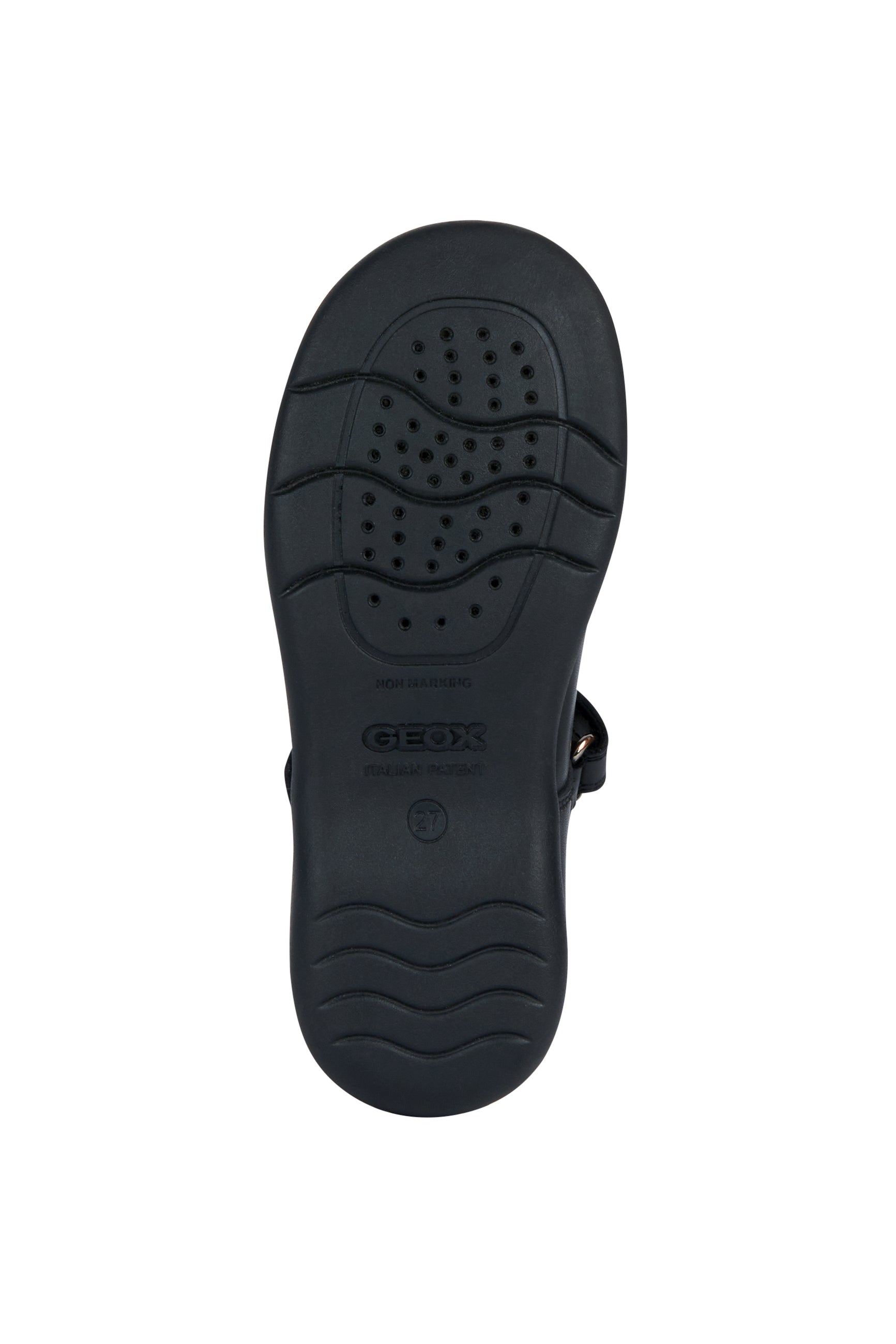 A girls school shoe by Geox, style Naimara in black with a velcro strap. View of sole.