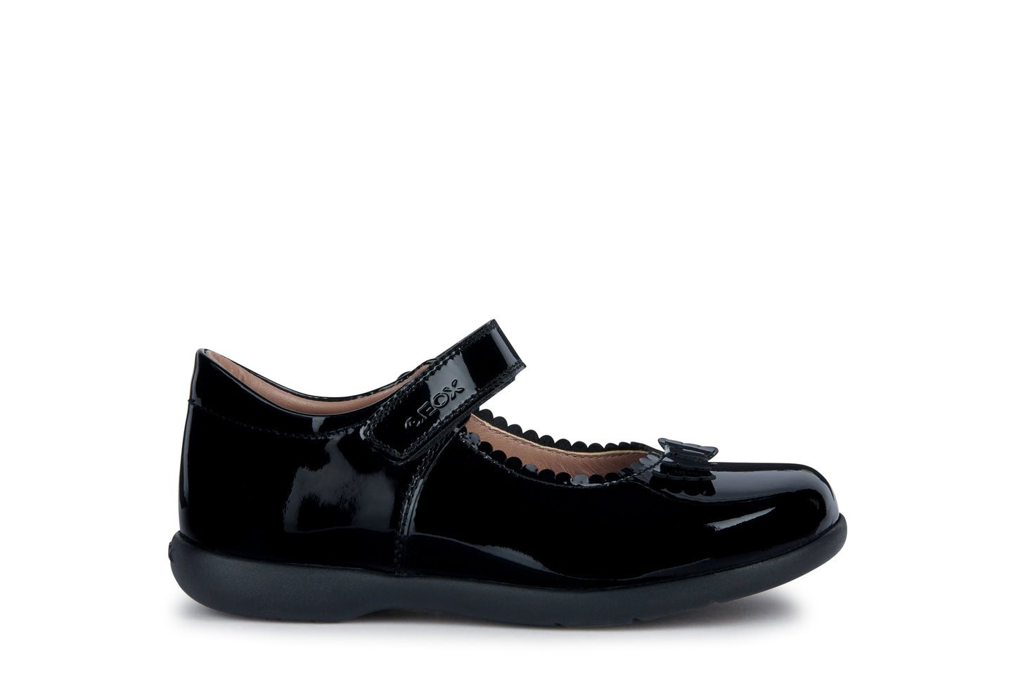 A girls school shoe by Geox, style Naimara in black patent with a velcro strap. Right side view.
