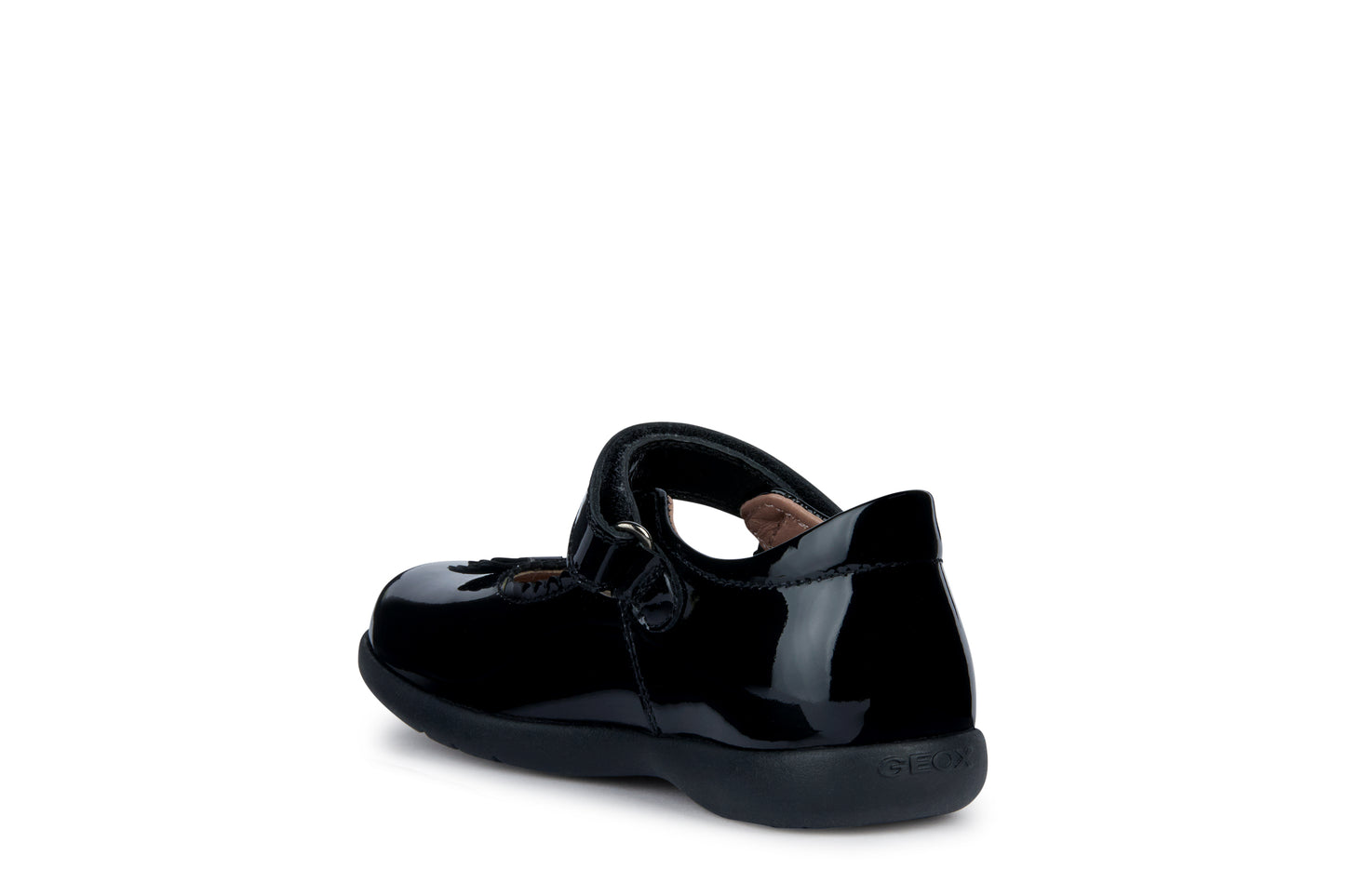 A girls school shoe by Geox, style Naimara in black patent with a velcro strap. Rear inner side view.