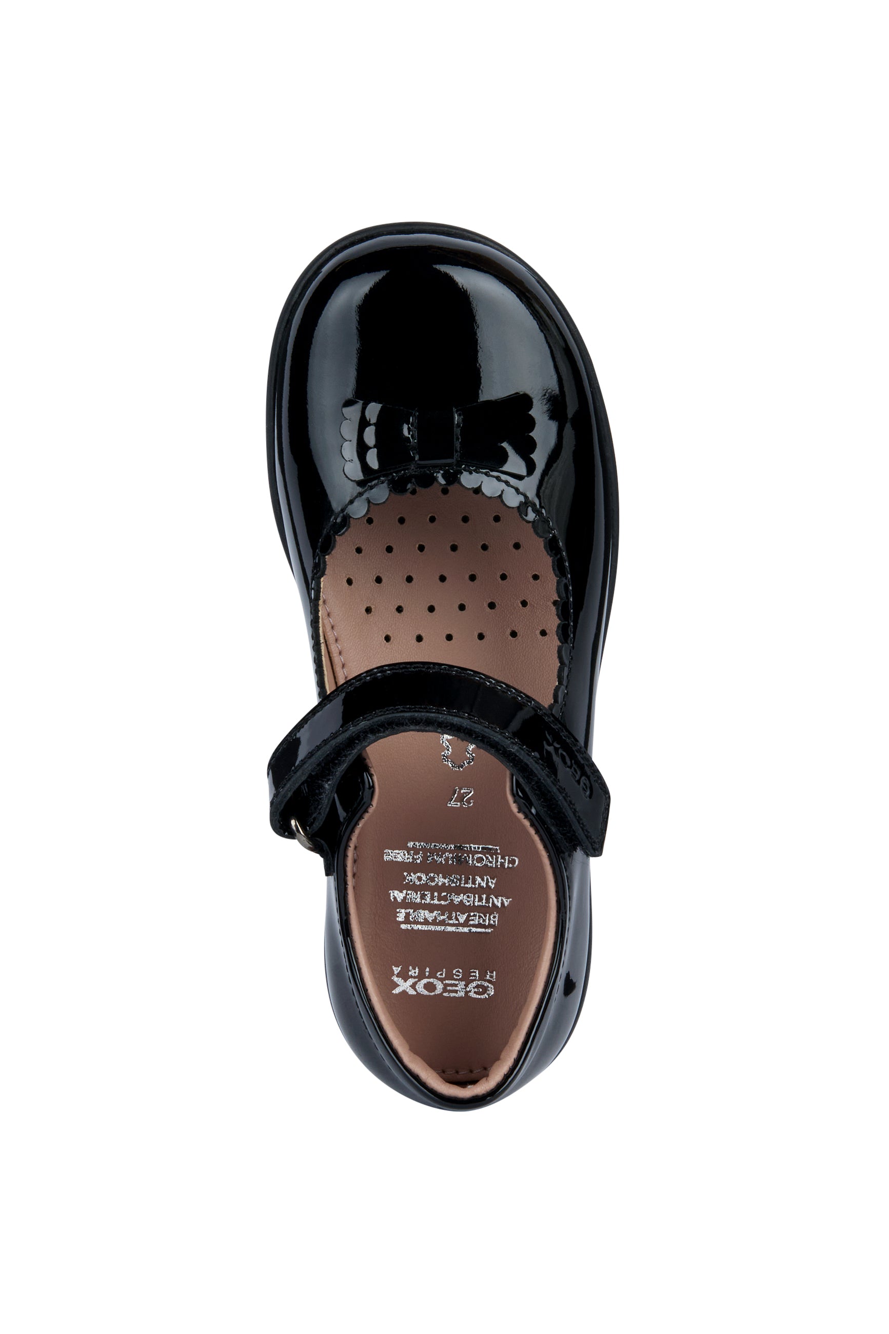 A girls school shoe by Geox, style Naimara in black patent with a velcro strap. Above view.