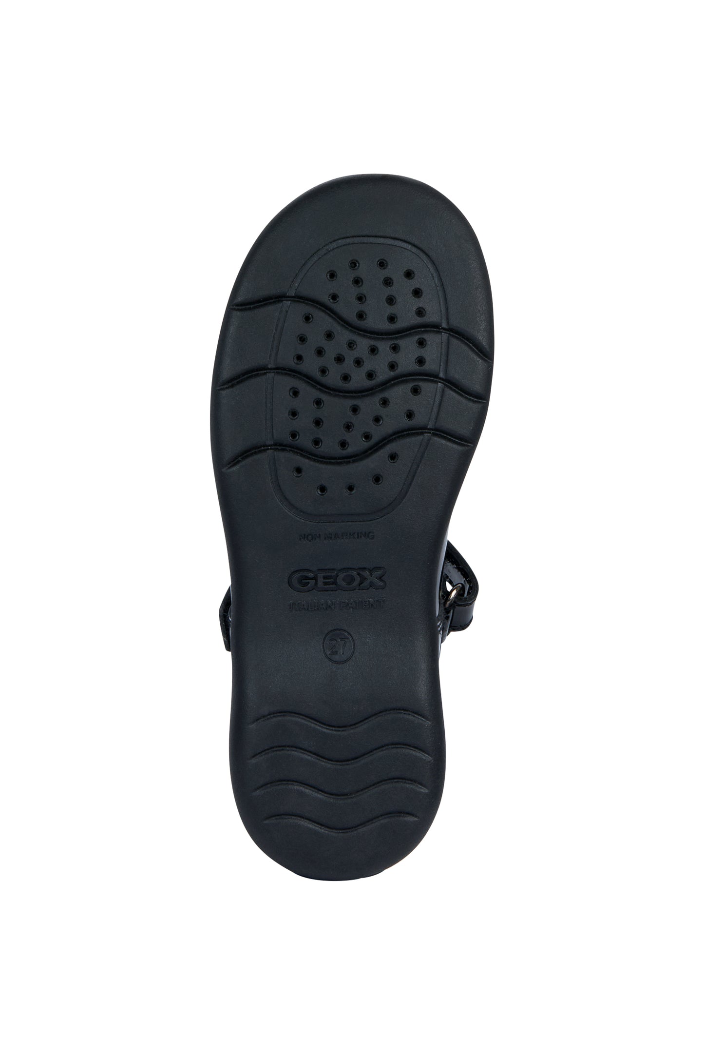 A girls school shoe by Geox, style Naimara in black patent with a velcro strap. View of sole.