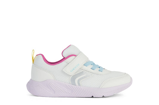 A girls trainer by Geox, style J Sprintye, in white with yellow and pink trim, velcro velcro fastening and blue elastic lace fastening. Right side view