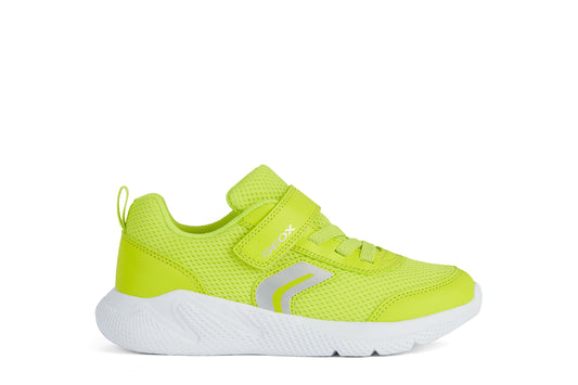 A unisex trainer by Geox, style J Sprintye, in fluorescent green with velcro and bungee lace fastening. Right side view.